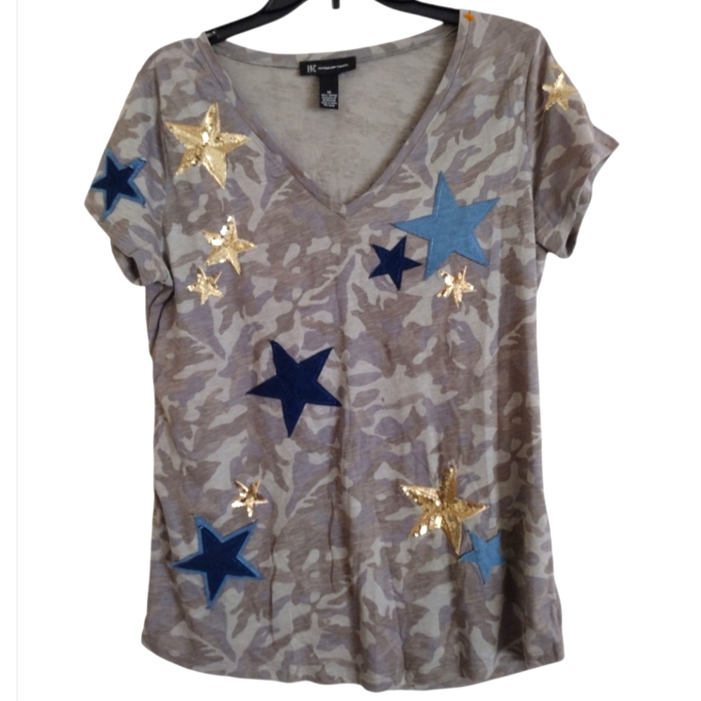 INC green blue gold sequin camouflage T-shirt with stars cotton size medium